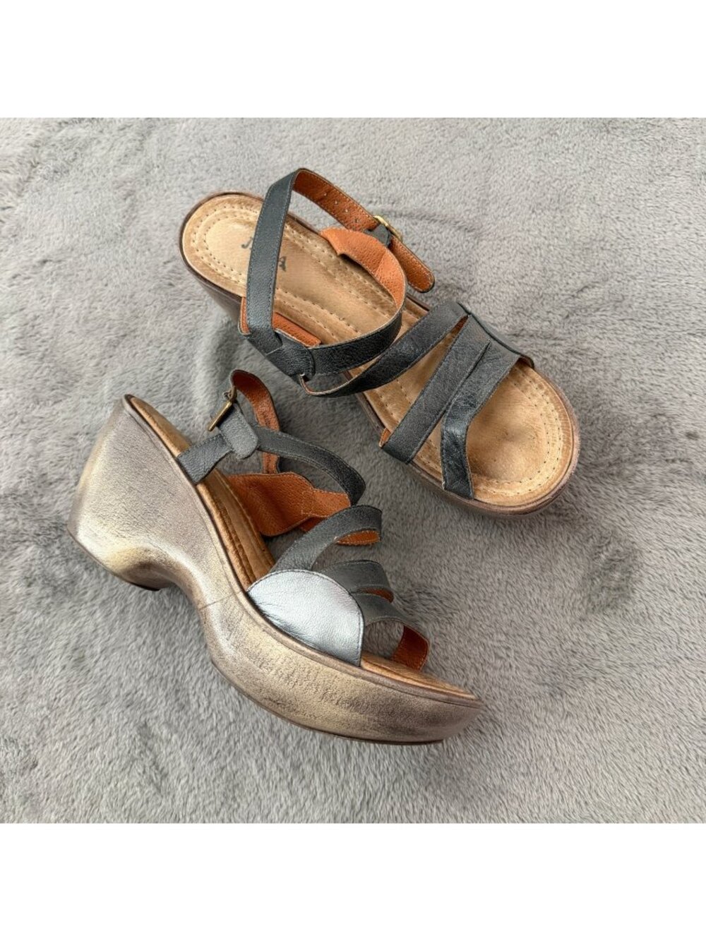 Jafa Leather Platform Sandals Strappy Gray Silver Metallic Womens 41 10 10.5